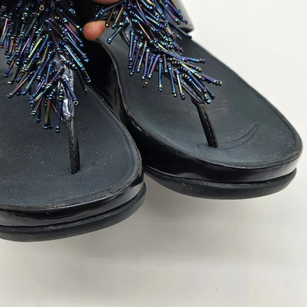 FitFlop Cha Cha Rumba Sandals Sz 8 Blue Leather Beaded Fringe Thong Platform - Picture 6 of 14